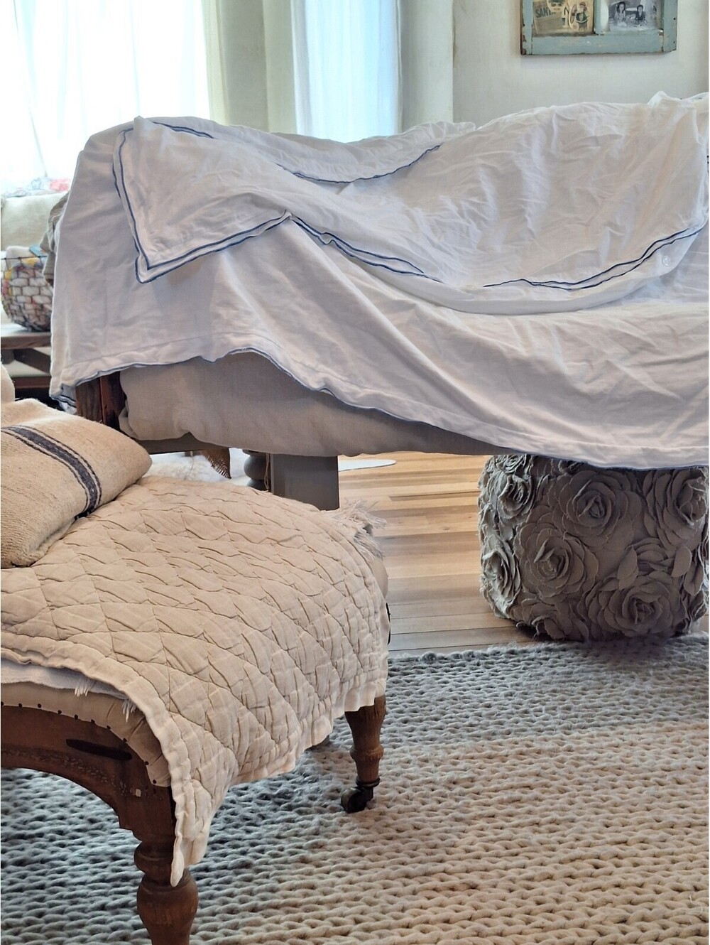 Anthropologie 100% COTTON duvet, KING, blue farmstyle Cordage Trim, New Like...